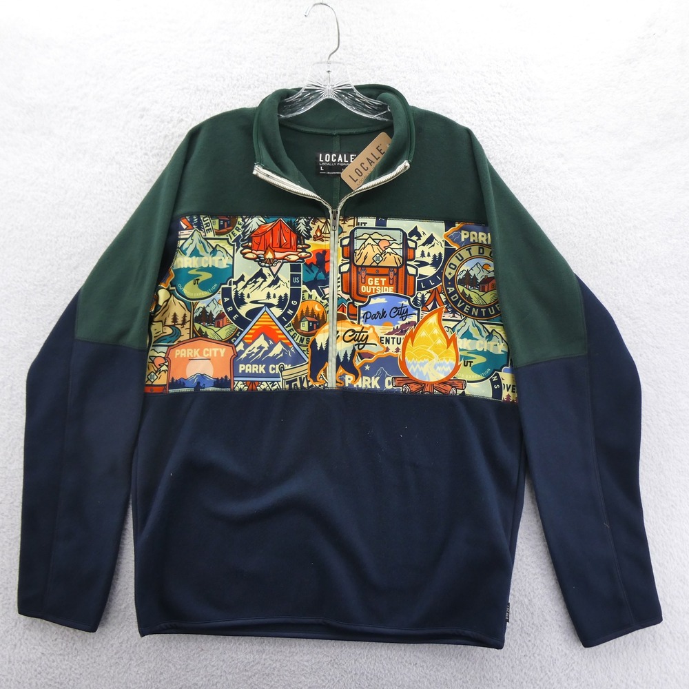 Locale 1/4 Zip Pullover Women Large Park City Outdoor Graphic Green Navy Fleece‎